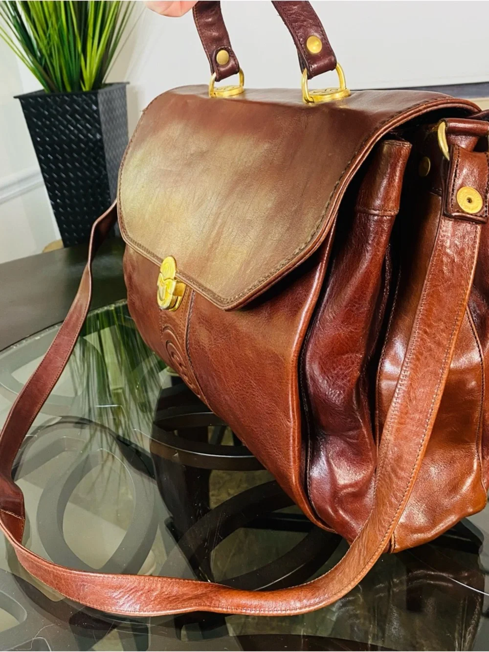 Vintage Marino Orlandi Brown Leather Satchel Bag - Made in Italy - Gold Hardware